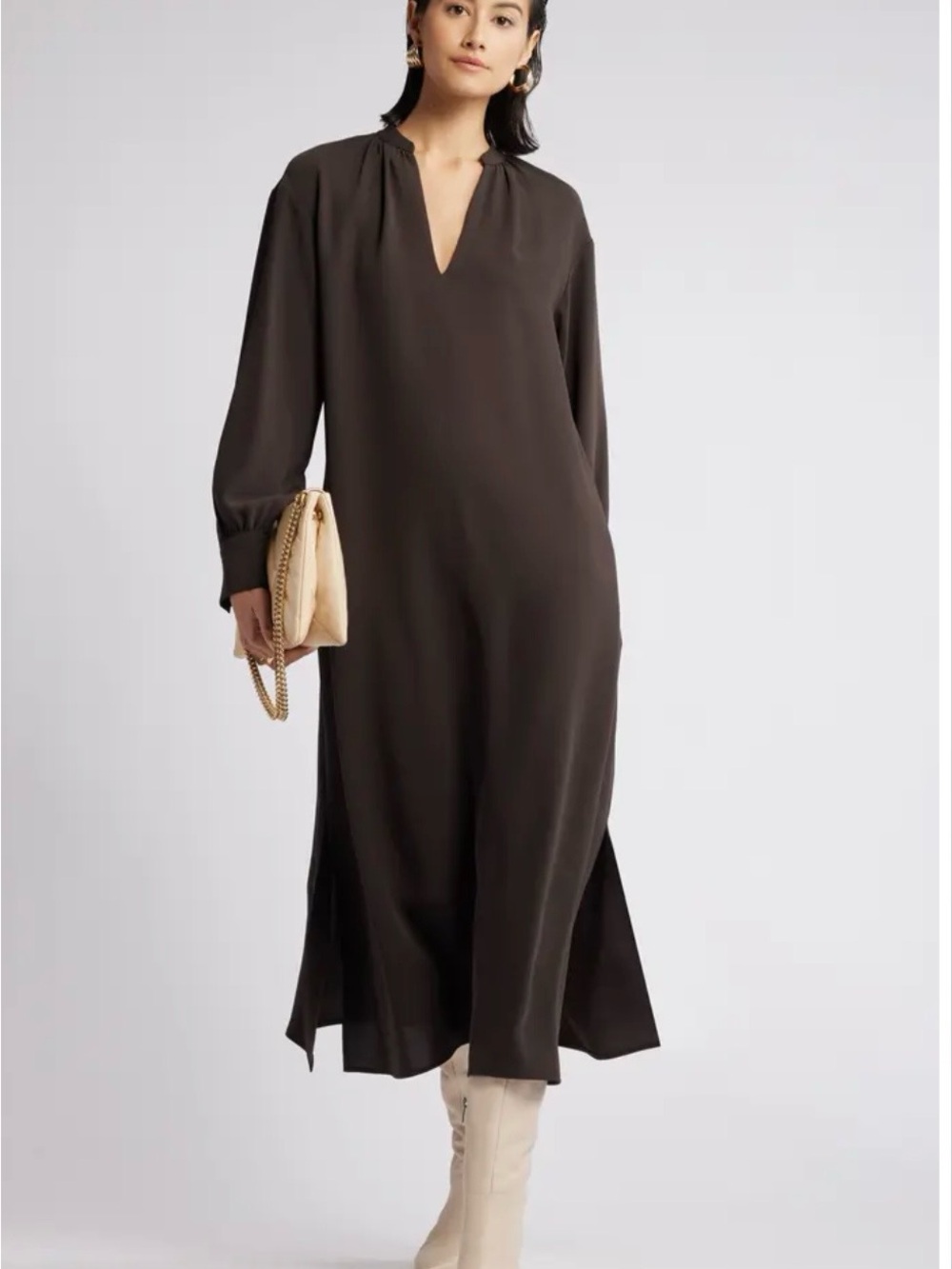 Nordstrom Dark Brown Long-Sleeve V-Neck Midi Dress